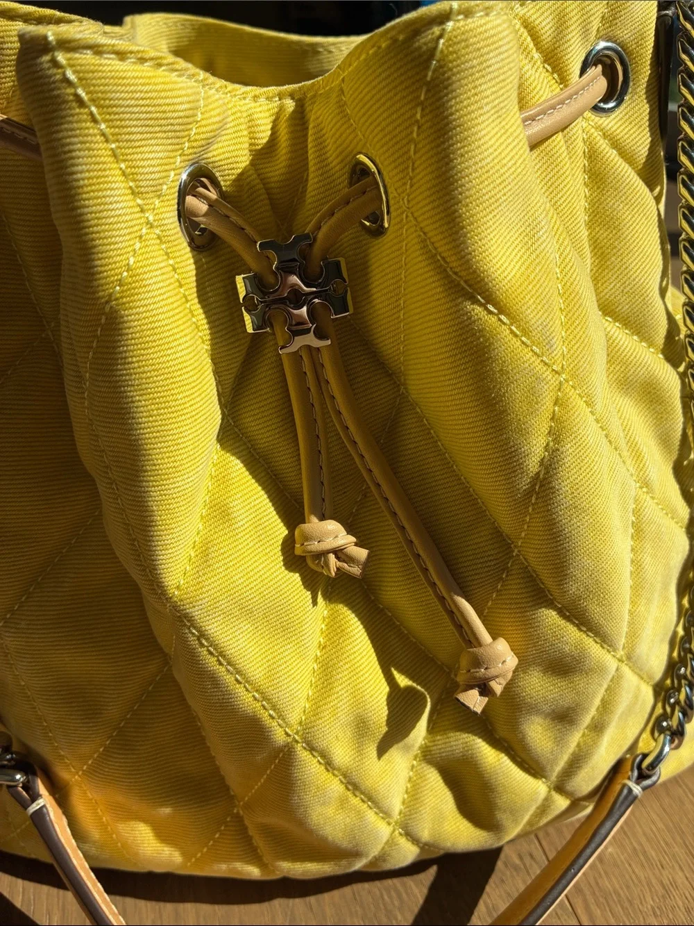 Tory Burch Charlie Yellow Quilted Denim Bag